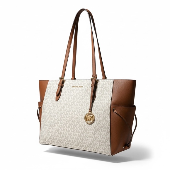 Michael Kors Handbags - Michael Kors Leather White and Brown MK Logo Tote
